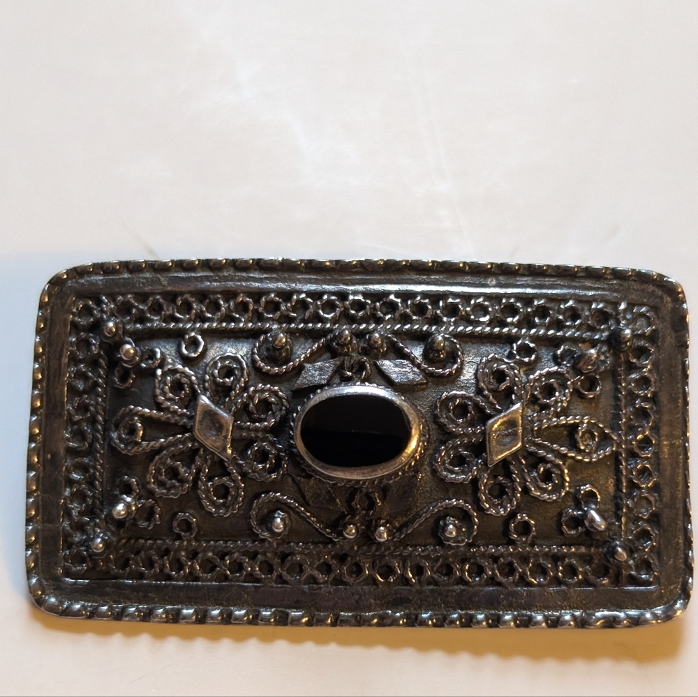 Vintage FAS 925 Sterling Silver Art Deco Filigree Brooch – black Onyx